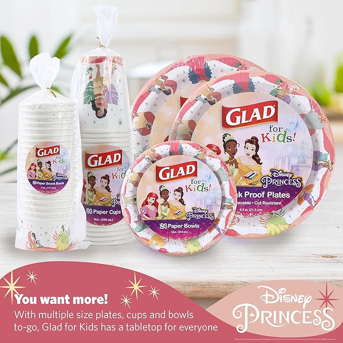 Glad for Kids Disney Princess Disposable Paper Plates, Magic is in All of Us Design - Heavy Duty, Soak-Proof, Microwavable Kid-Friendly Character Plates for Everyday Meals, 10 inch, 20 Count