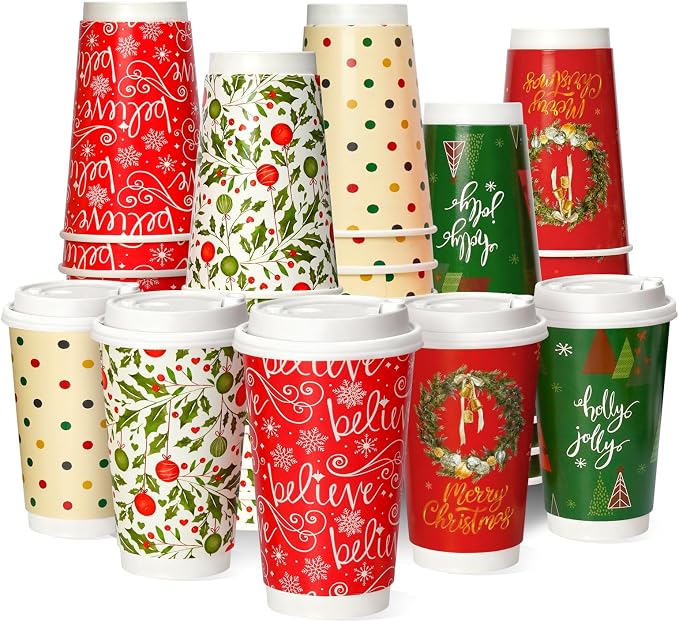Nihuecne 50 Pack 16 oz Christmas Disposable Coffee Cups with Snap-on Lids - for Hot or Cold Drinks, Paper Coffee Cups for Xmas Holiday Table Decorations Party Supplies, 5 Assorted Christmas Styles