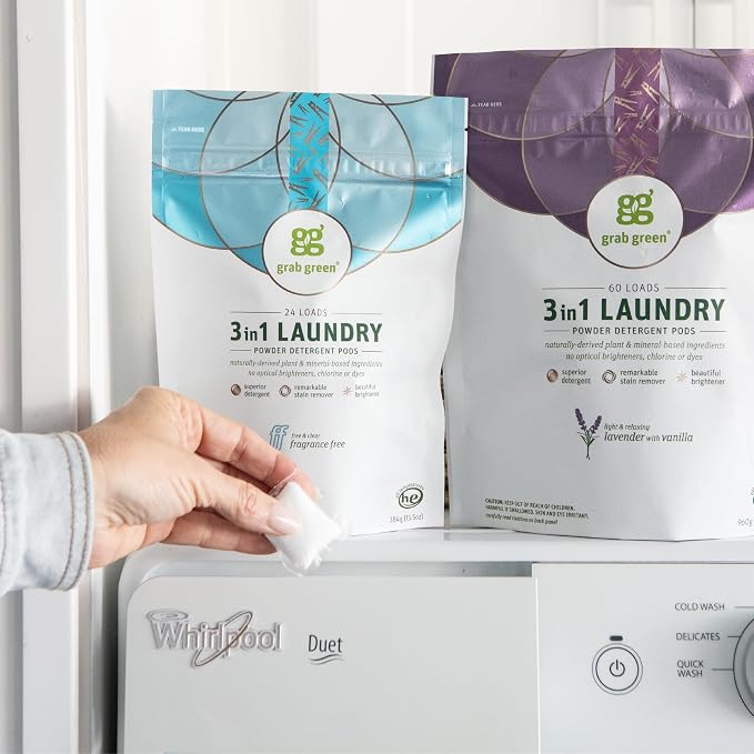 Grab Green 3-in-1 Detergent Laundry Pods, 60 Loads, Unscented | Plant & Mineral-Based; Enzyme-Powered; Velcro Closure; Laundry Brightener; Stain Remover