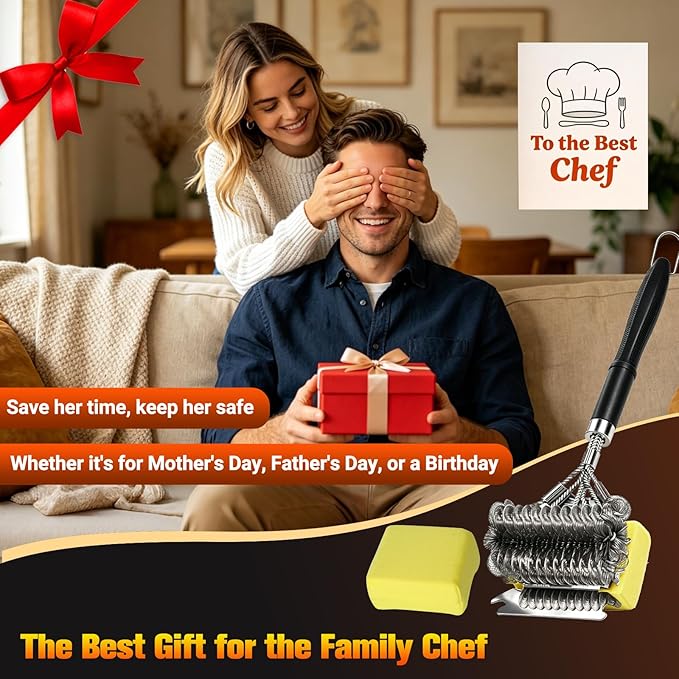 Professional 3-in-1 Grill Brush and Scraper with Safety Second Sweep Sponges - 18" Detachable Long Handle BBQ Cleaner for Heavy Duty Grime - Ideal Father's Day Grilling Gift for Men (Black)