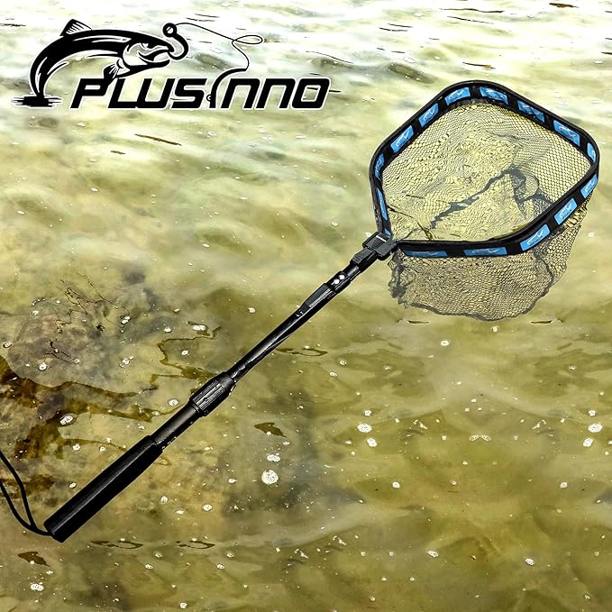 PLUSINNO Floating Fishing Net for Steelhead, Salmon, Fly, Kayak, Catfish, Bass, Trout Fishing, Rubber Coated Foldable Landing Net with Fixed or Telescoping Pole Handle, Fishing Gear and Gifts for Men