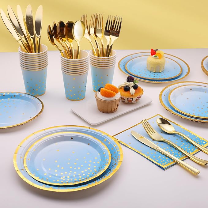 175PCS Blue Plates and Napkins Party Supplies, Blue Paper Plates Blue Birthday Plates Serves 25, Blue Party Plates for Birthday, Baby Shower, Graduation Party