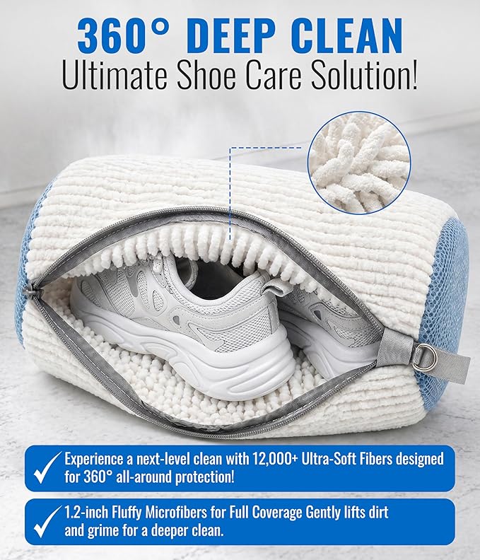 Shoe Washing Machine Bag with Soft Microfiber Bristles, Durable Mesh Laundry Shoe Bag for Sneakers, Reusable Protective Shoe Cleaner Bag with Zipper for Washer & Dryer