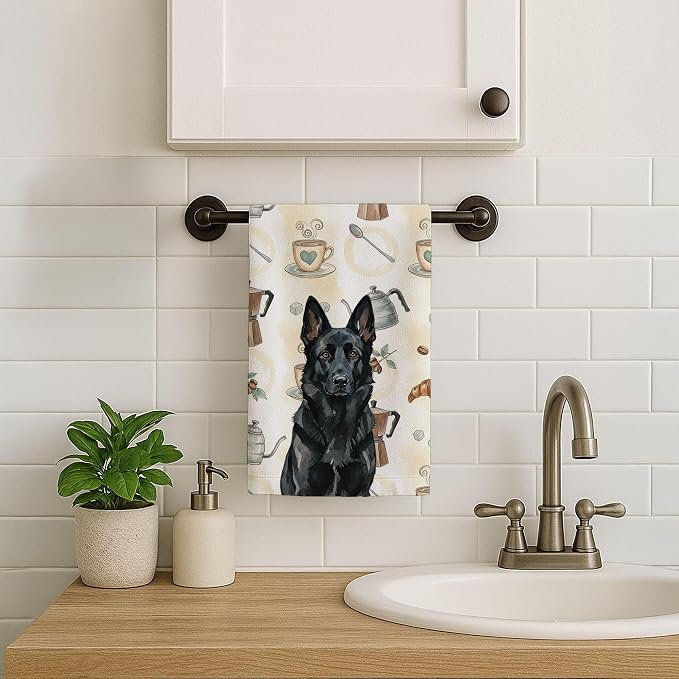 Caroline's Treasures Black German Shepherd Coffee Bar Kitchen Towel Velour Plush Front and Cotton Loop Back Machine Washable