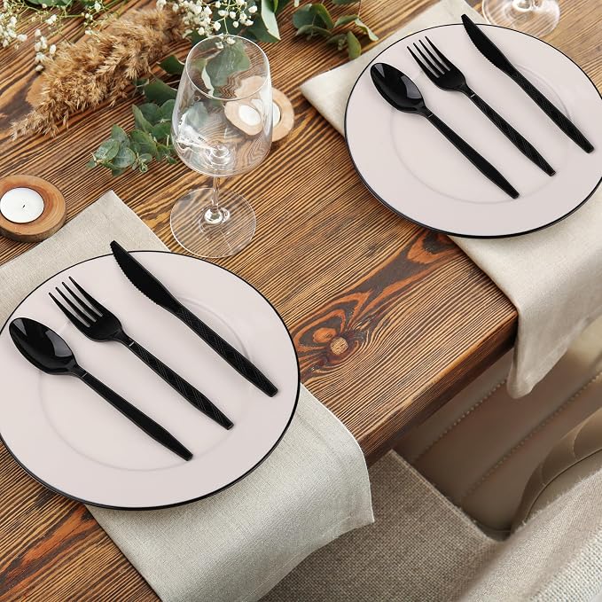 Kochorie 360 Pieces Black Plastic Cutlery Set Disposable Plastic Utensils Heavy Duty Flatware Set Includes 120 Knives 120 Forks 120 Spoons for Party Birthday