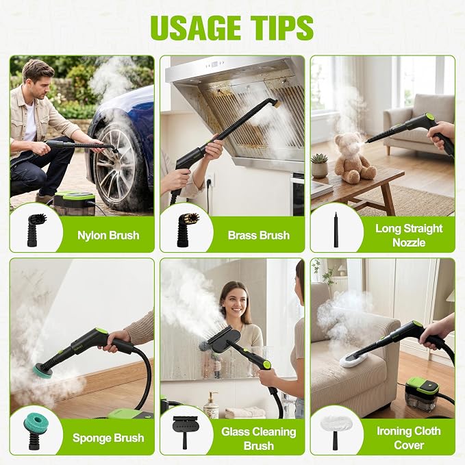 1500W Portable Steam Cleaner,10s Heat-Up,3-Level Adjustable Handle, 1.69 Quarts Large Tank,11 Pcs Accessories, Heavy Duty Steamer for Home Dirt, Grout, Floor, Grease,and Car Detailing