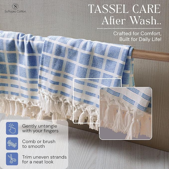 Matrix Dobby Kitchen Towels 4 Pack, 100% Cotton, 16x26 Inches, Handmade Knotted Tassel Dish Towels, Quick Dry, Durable, Absorbent and Reusable Cleaning Cloths - Sky Blue, Natural