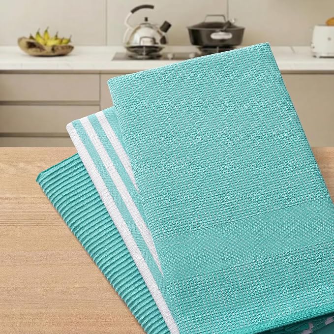 Homaxy Premium Kitchen Towels(18”x 28”, 3 Pack), Large Cotton 380 GSM Kitchen Hand Towels, Soft and Absorbent Terry Dish Towels, Multipurpose Tea Towel Set with Hanging Loop, Teal