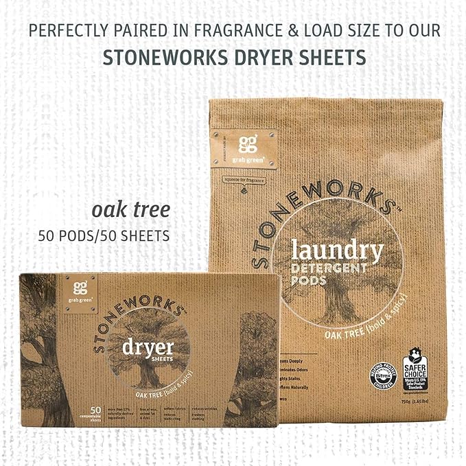 Grab Green Stoneworks Laundry Detergent Pods, 50 Count, Oak Tree | EPA Safer Choice; Plant & Mineral-Based; Fights stains; Eliminates odors; Softens naturally; No Harsh Chemicals