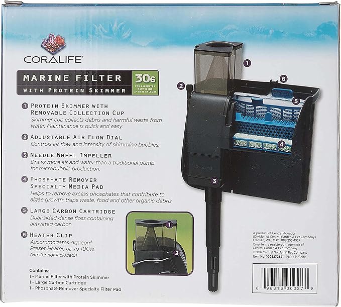 Coralife Aquarium Fish Tank Marine Salt Water Filter And Protein Skimmer, Up to 30 Gallons