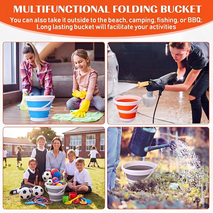 Pickmesh 4 Pcs Collapsible Bucket 2.6 Gallon (10l) Foldable Collapsible Sand Bucket with Handle Small Cleaning Pail for Household Outdoor Car Washing Camping Beach Sand (Blue, Pink, Orange, Gray)