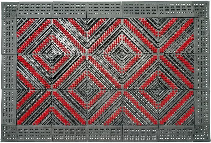Heavy Duty Outdoor Boot Scraper Mat, 35.5" x 23.5", Black-Red | Mud & Snow Doormat, Stiff Nylon Bristles, Modular Interlocking, For Patio, Garage, Garden, High Traffic