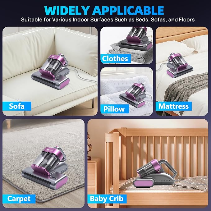 Mattress Vacuum Cleaner UVC 253.7nm Light with 16Kpa Strong Suction, 145°F Heat, Ultrasonic, HEPA Filter, Versatile Bed, Pillow and Couch Vacuum Cleaner (16.4ft Corded, 500W)