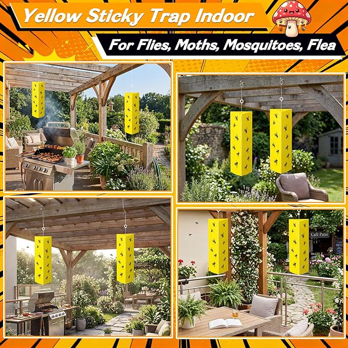 50 Pack Sticky Fly Traps, Yellow Gnat Killer with 3D Foldable Design, Non-Toxic Odorless Bug Catcher with Hook for Indoor Outdoor Flies, Mosquitoes, Moths, Whiteflies, 9.84 x 3.54 x 2.56 Inch