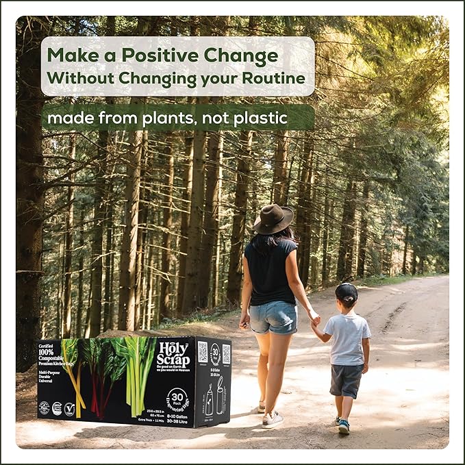 Large Compostable Drawstring Trash Bags - 8-10 Gallon, 30 Pack | Plastic-Free Kitchen & Bathroom Garbage Bags with Drawstring Handles | Thick Bin Bag Liners for Green & Food Waste