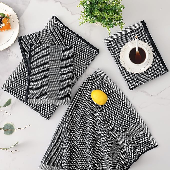 Mordimy Premium Kitchen Towels 6 Pack (18 x 28 Inches, Black), Large Cotton Kitchen Hand Towel, Flat & Terry Dish Towels for Drying Dishes, Super Absorbent Tea Dishtowels Set with Hanging Loop