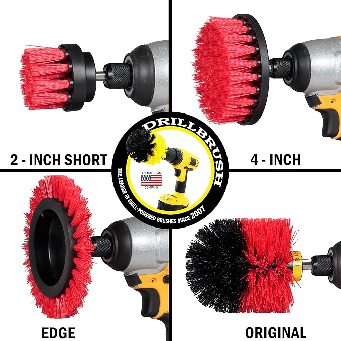 Red Stiff Nylon Bristle Brush Set for Outdoor Cleaning - Versatile Crevice Tool for Garage, Deck, House Siding, Concrete, Brick, Stone, Masonry, Vinyl Siding, Wood, and Patio Cleaner - Gutter Brush