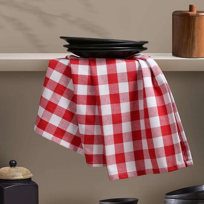 4 Pack Gingham Buffalo Check Kitchen Dish Towels 100% Cotton 16x26 Inches - Super Absorbent Quick Drying Hand Tea Towels, Restaurant Cleaning Towels with Hanging Loop, Red White