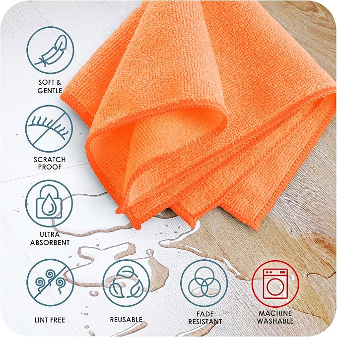 Hearth & Harbor Microfiber Cleaning Cloth, Microfiber Towels for Car 24 Pack Washcloths, Orange Cleaning Rag, Reusable Microfiber Towel, Microfiber Cloth Rag Cleaning, Lint Free Cloth 12/inchx12/inch
