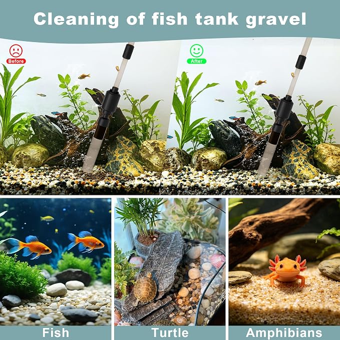 Electric Aquarium Vacuum Gravel Cleaner for 10-100 Gal, 6 in 1 Automatic Fish Tank Cleaning Tool with Adjustable Flow Handle & Sock Filter, Gravel Vacuum For Aquarium DC-24V Strong Suction Quiet Pump | One handed sand washing | Internal circulation fil...
