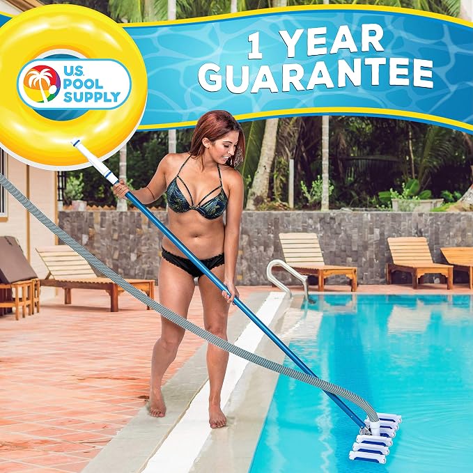 U.S. Pool Supply 23" Manual Pool Vacuum Head for Inground Pools, Extra-Wide, Side Brushes, Flexible, Weighted - Swivel Direction-Control Metal Pole Handle - 7lbs 6 Weights, 12 Wheels, Attach 1.5" Hose