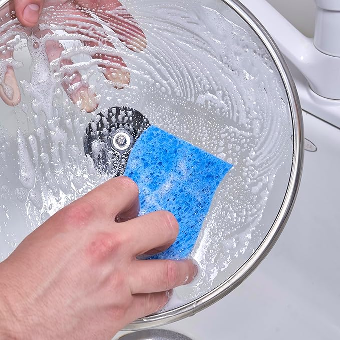 Non-Scratch Cellulose Sponge Kitchen Scrub Sponge with Scouring Pad Set, Good for Non-Stick Cookware Frying Pan, Pot, Counter Top, Sink Scrubbing, Kitchen Scrubbers, Pack of 2, (Blue)