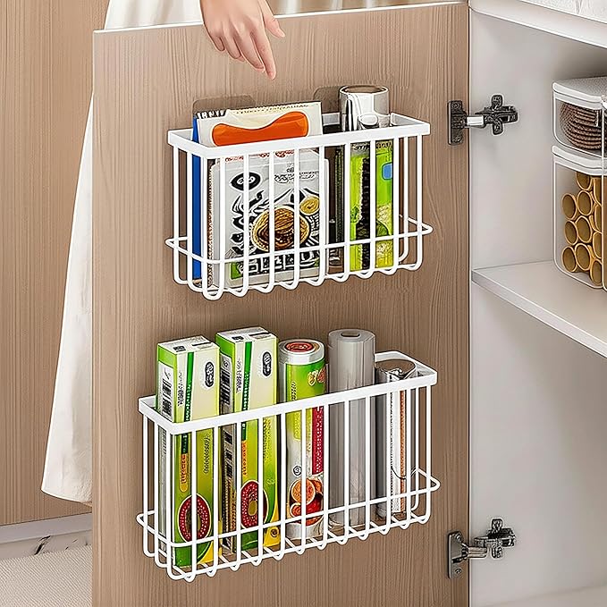 Cabinet Door Organizer 2Pcs, Foil and Plastic Wrap Organizer with 2 Sponges, Cabinet Door Storage with 2 Caddy Adhesive, for Aluminum Foil, Plastic Wrap, Wool Dryer Balls, White,(Medium, Large)