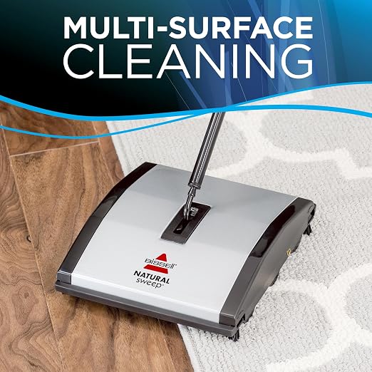 Bissell Commercial BG22 Manual Sweeper, Green & Bissell Natural Sweep Carpet and Floor Sweeper with Dual Rotating System and 2 Corner Edge Brushes, 92N0A, Silver