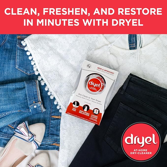 dryel At-Home Dry Cleaner Starter Kit with Wrinkle Release Spray, New and Improved, Gentle Laundry Care for Special Fabrics and Dry-Clean-Only Clothes, 8 Loads with On-the-Go Stain Remover
