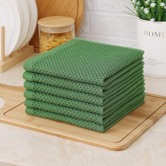 Kitinjoy 100% Cotton Kitchen Dish Cloths (12 X 12 Inches, Grass Green), 12 Pack Waffle Weave Ultra Soft Absorbent Dish Towels for Drying Dishes Quick Drying Kitchen Towels Dish Rags
