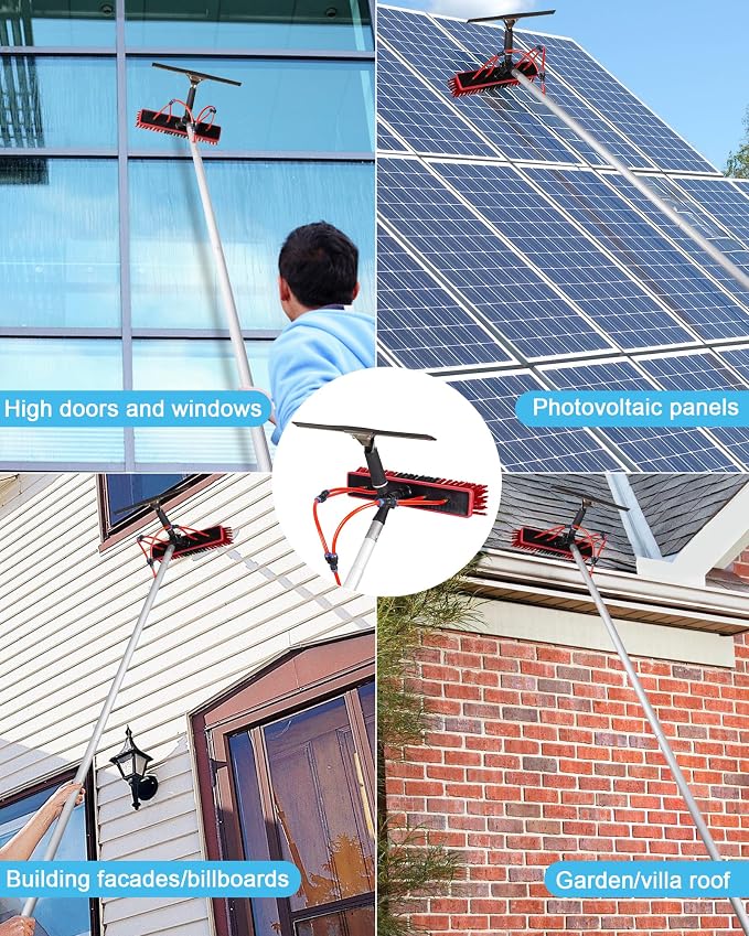 35ft Solar Panel Cleaning Brush & Squeegee, 2 Dusting Brush, Lightweight & Extendable Poles, Water Fed Poles Kit for Roof Window Greenhouse