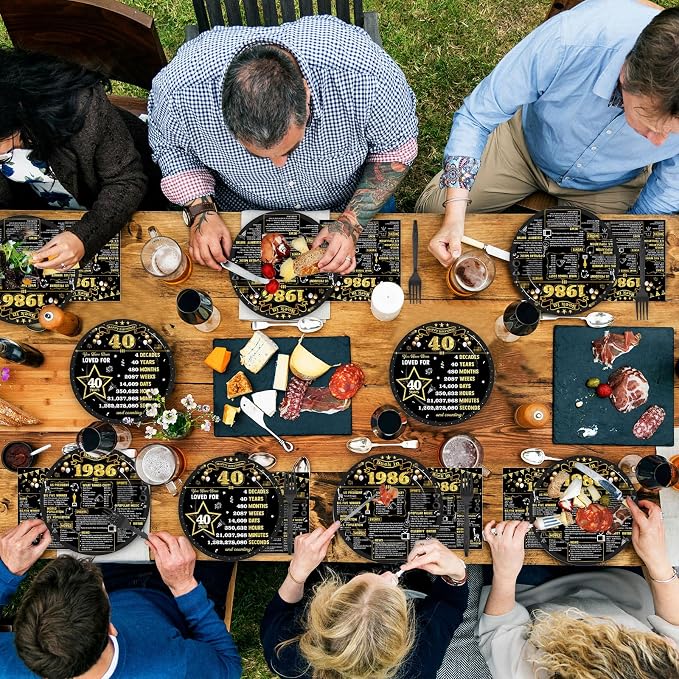 96Pcs 40th Birthday Plates and Napkins Back in 1986 Party Decorations Black Gold 40 Year Old Party Dessert Plates 1986 Birthday Tableware for 24 Guests 40th Theme Men Woman Bday Parties Supplies