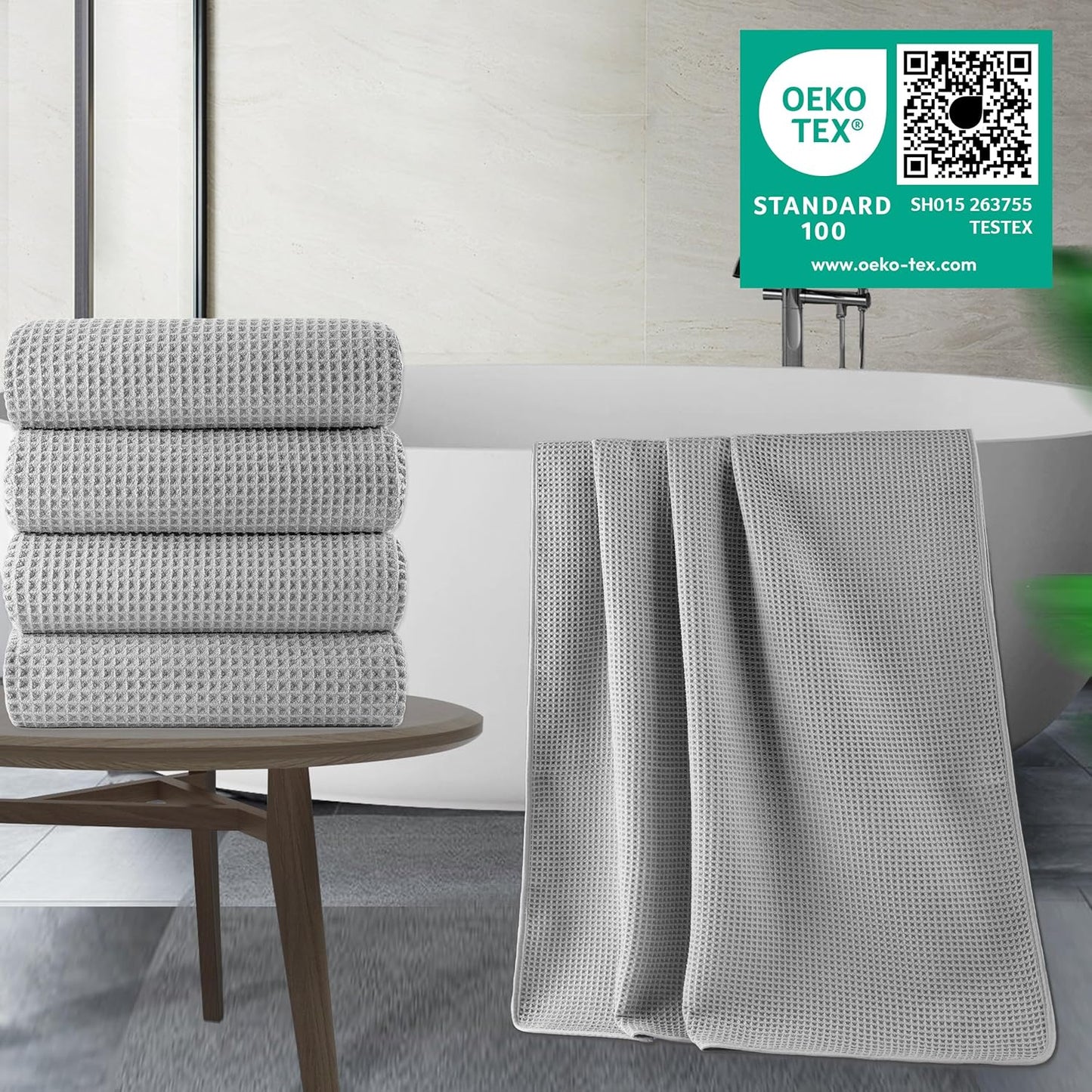 POLYTE Microfiber Oversize Quick Dry Lint Free Bath Towel, 60 x 30 in, 4 Pack (Waffle Weave)