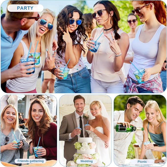 KesaPlan 50 Pack 12 oz Blue Plastic Party Cups with Lids & Straws, Disposable Iced Coffee Cup with Lids, Round Bottom Drinking Cups for Cocktail Cold Beverages Birthday Wedding Picnics Party Supplies
