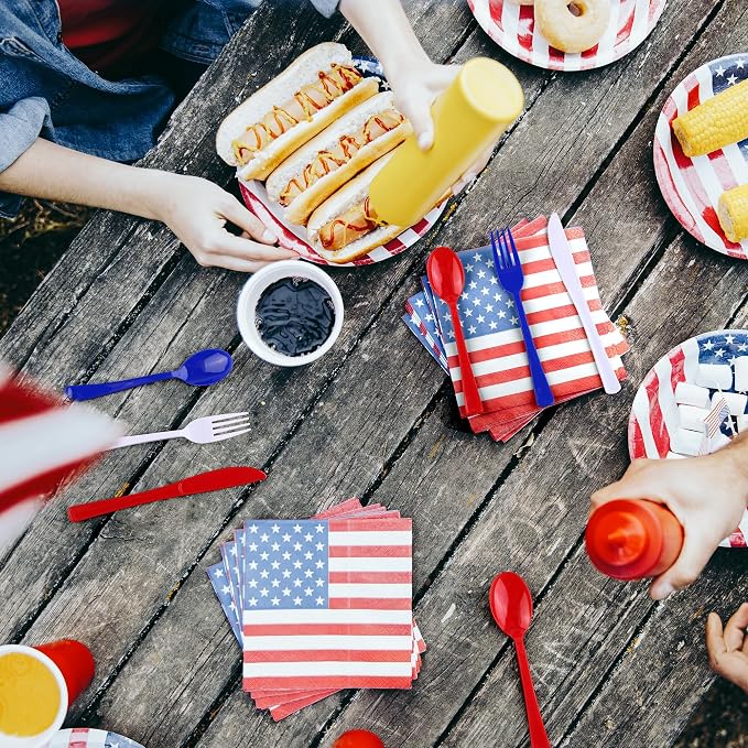 Kochorie 300 Pieces 4th of July Plastic Silverware, Heavy Duty Independence Day Cutlery Set, Disposable Plastic Utensils Includes Spoons Forks Knives for Memorial Day Veterans Day, Red Blue White
