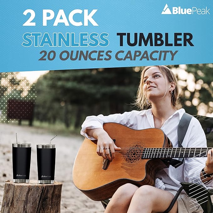 BluePeak Double Wall Vacuum Stainless Steel Insulated Tumblers Set, 2-Pack - Includes 2 Sipping Lids, 2 Spill-Proof Sliding Lids, 2 Straws, 1 Cleaning Brush & Gift Box (20 oz, Black)