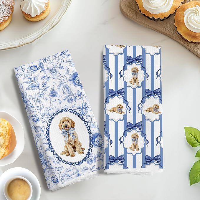 Chinoiserie Goldendoodle Dog Bow Kitchen Hand Towels for Bathroom, Golden Doodle Gifts for Women, Grandmillennial Botanical Dog Hand Towels for Kitchen Bathroom, 16x24 Inch Set of 2