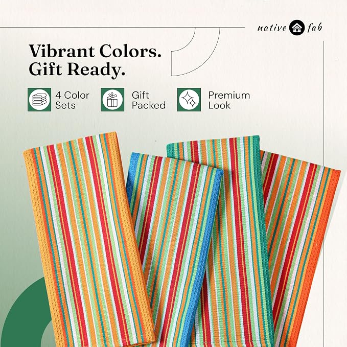 Native Fab Mexican Salsa Stripe Kitchen Towels, 12 Pack, 18x28 Inches, 100% Cotton, Highly Absorbent, Soft, Dish Towel for Drying Dishes, Everyday Kitchen Use, Reusable, Washable, Green