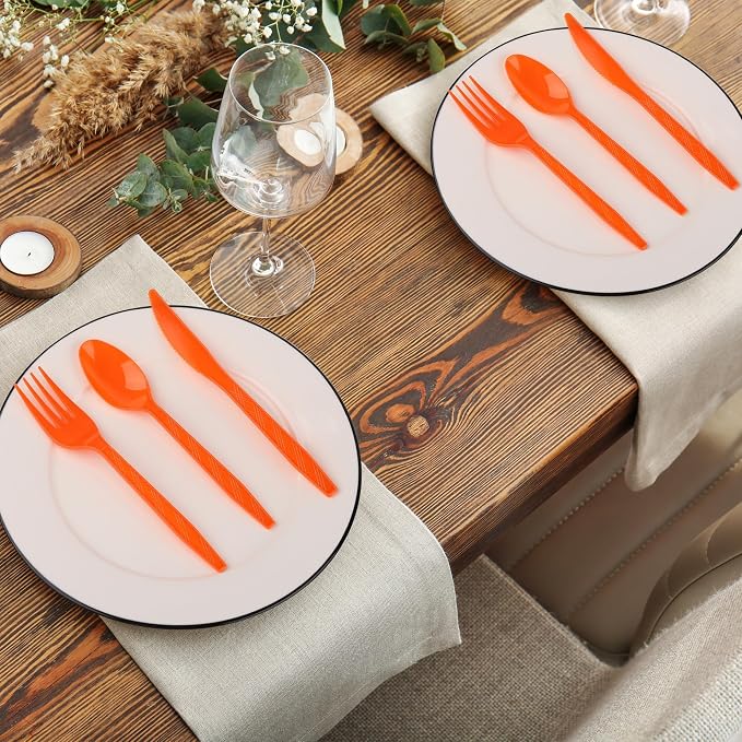 Kochorie 360 Pieces Orange Plastic Cutlery Set Disposable Plastic Utensils Heavy Duty Flatware Set Includes 120 Knives 120 Forks 120 Spoons for Party Wedding Birthday