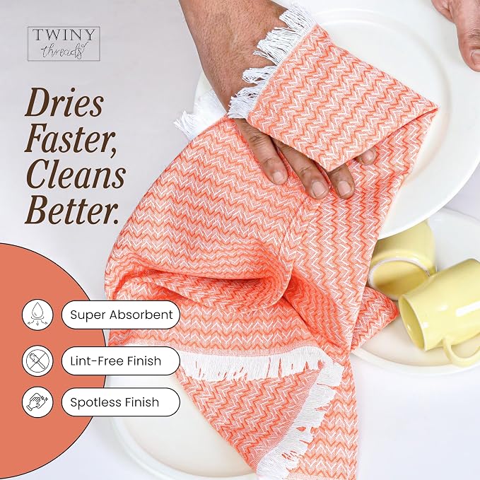 TWINY threads Kitchen Dish Towel Chevron Design, Premium Large 100% Cotton Kitchen Linen Set, Dish Rags for Drying Dishes, Absorbent Quick Drying Wash Rags, Pack of 4, 16 x 26 Inch, Orange