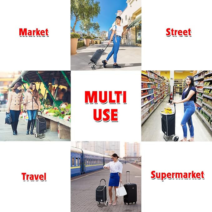 dbest Products Trolley Dolly Sport β Foldable Grocery Cart on Wheels β Multi Use Rolling Cart with Removable Bag and Hand Truck Dolly Function, Black