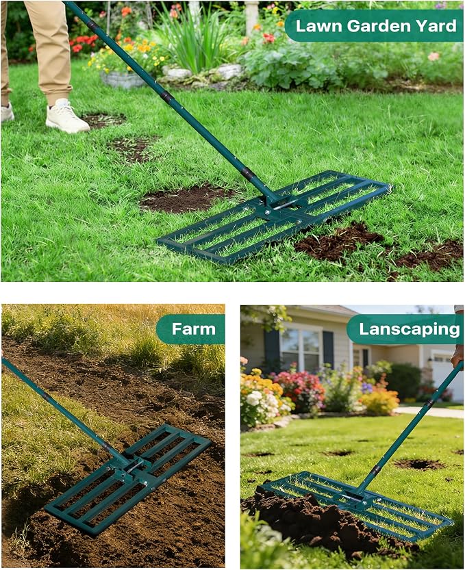Lawn Leveling Rake 30"x10", Yard Leveling Rake with Wall-Mount Hook, Heavy-Duty Ground Leveler for Soil, Sand, Topsoil, Compost & Fertilizer