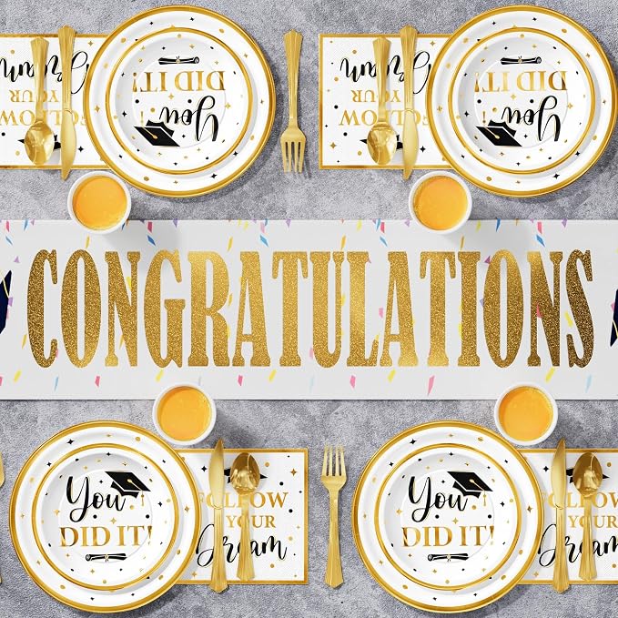 Graduation Decoration Class of 2026, 175PCS Graduation Party Supplies Disposable Dinnerware(Serve 25) with Paper Plates Cup Napkin Fork Knife Spoon College High School Grad Decor(White & Gold)