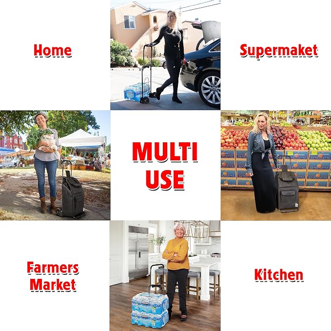 dbest Products Trolley Dolly Compact with Pockets β Foldable Grocery Cart on Wheels β Multi Use Rolling Cart with Removable Bag, Storage Pockets, and Hand Truck Dolly Function, Black