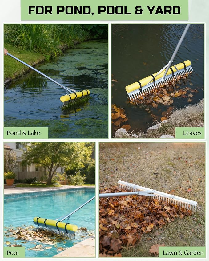Pond Rake, 36" Floating Rake with 8.5ft (102in) Extension Handle & 20ft Rope, Aluminum Aquatic Weed Rake for Lake, Heavy Duty Landscape Rake for Algae, Muck & Debris Removal, 2-in-1 Water & Land Tool