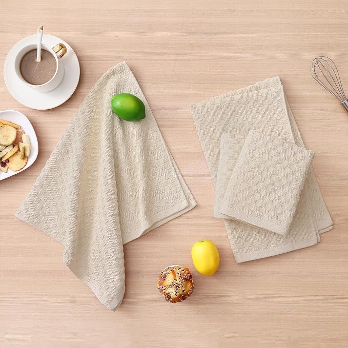 Homaxy 100% Cotton Kitchen Towels and Dishcloths Set, 12 x 12 & 15 x 25 Inches, Set of 10 Bulk Terry Cloth Dish Towels, Super Soft and Absorbent Hand Towel with Hanging Loop, Beige