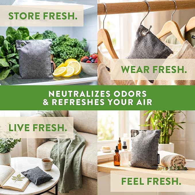 Charcoal Odor Absorber for Strong Odor (6 Pack, 100g each), Bamboo Charcoal Air Purifying Bag, Basement Musty Odor Eliminator Deodorizer, Activated Charcoal Odor Absorber for Closet, Shoe, Car