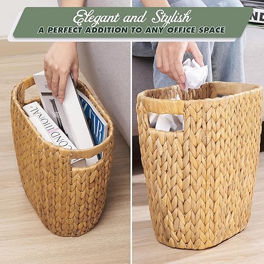 BLUEWEST 3.5 Gallons Wicker Trash Can, Wicker Rattan Bathroom Trash Can with Built-in Handle, Large Handwoven Hyacinth Waste Bin for Office, Bedroom, Living Room, and Kitchen