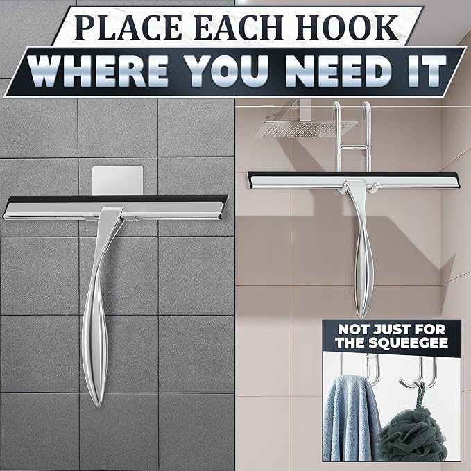 Shower Door Squeegee with Hook - 12" Silicone Blade, Stainless Steel Squeegee for Shower Glass with Adhesive Mount - All-Purpose Bathroom Tile, Mirror, & Window Wiper for Streak-Free Cleaning (Silver)