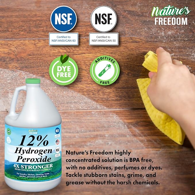 Nature's Freedom 12% Hydrogen Peroxide, Food Grade H2O2 and Purified Water Only, NSF Listed, 4 Gallons Solution